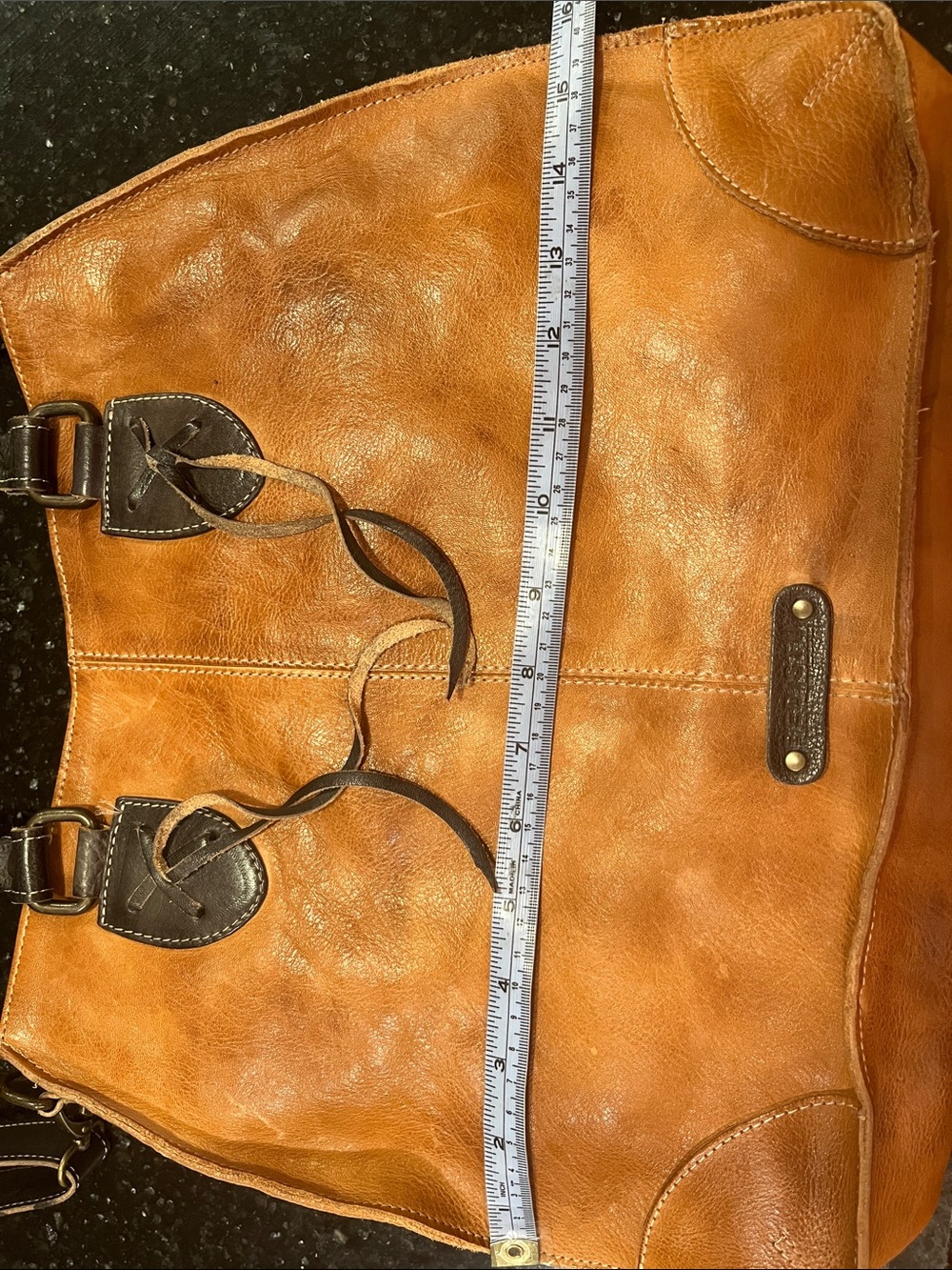 Bed Stu Cognac Leather Shoulder Bag with Dark Brown Trim. Style Greenway. - Picture 6 of 7
